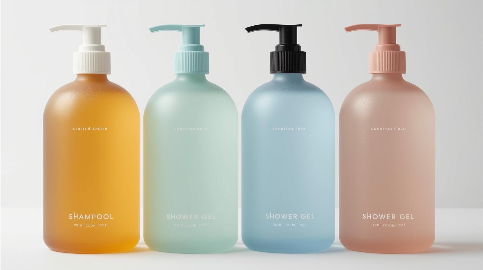 4 flacons en verre 200 ml de 4 couleurs différentes avec pompes dispenser blanche et noire pour usage dans la salle de bains avec étiquette authentique gel douche schampoing savon so